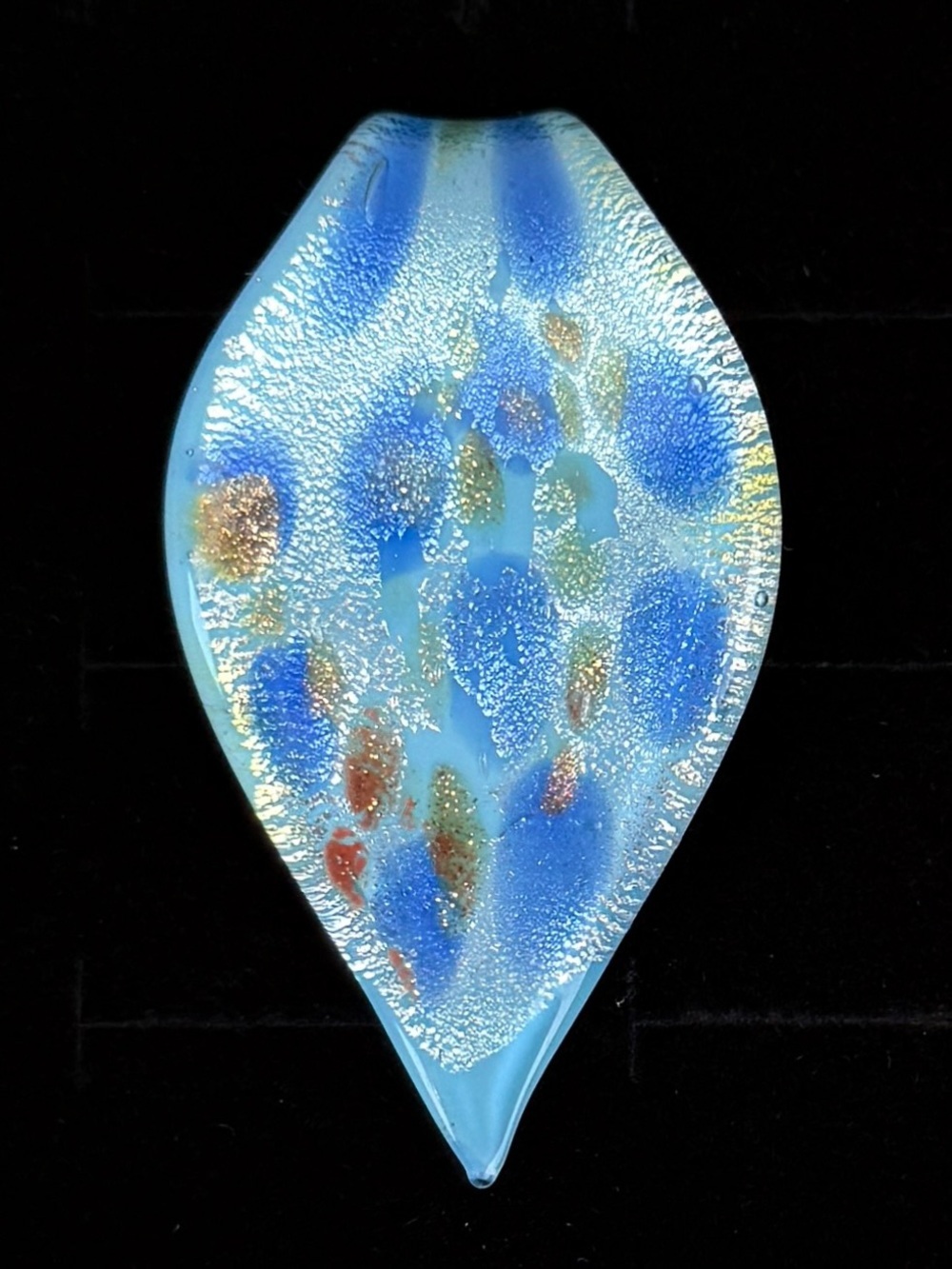 Handmade Blue Glass Leaf Pendant with Iridescent Flecks